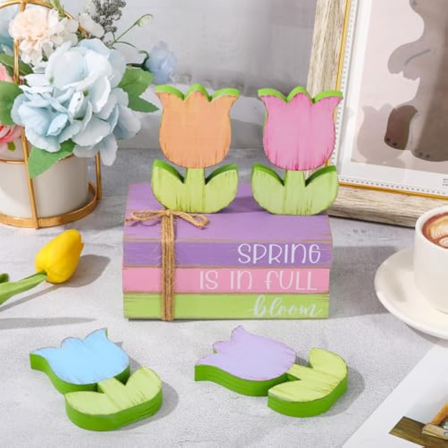 7Pcs Spring Wooden Tiered Tray Decor Farmhouse Faux Stacked Books Pastel Tulip Floral Table Centerpiece Block Signs For Party Home Kitchen