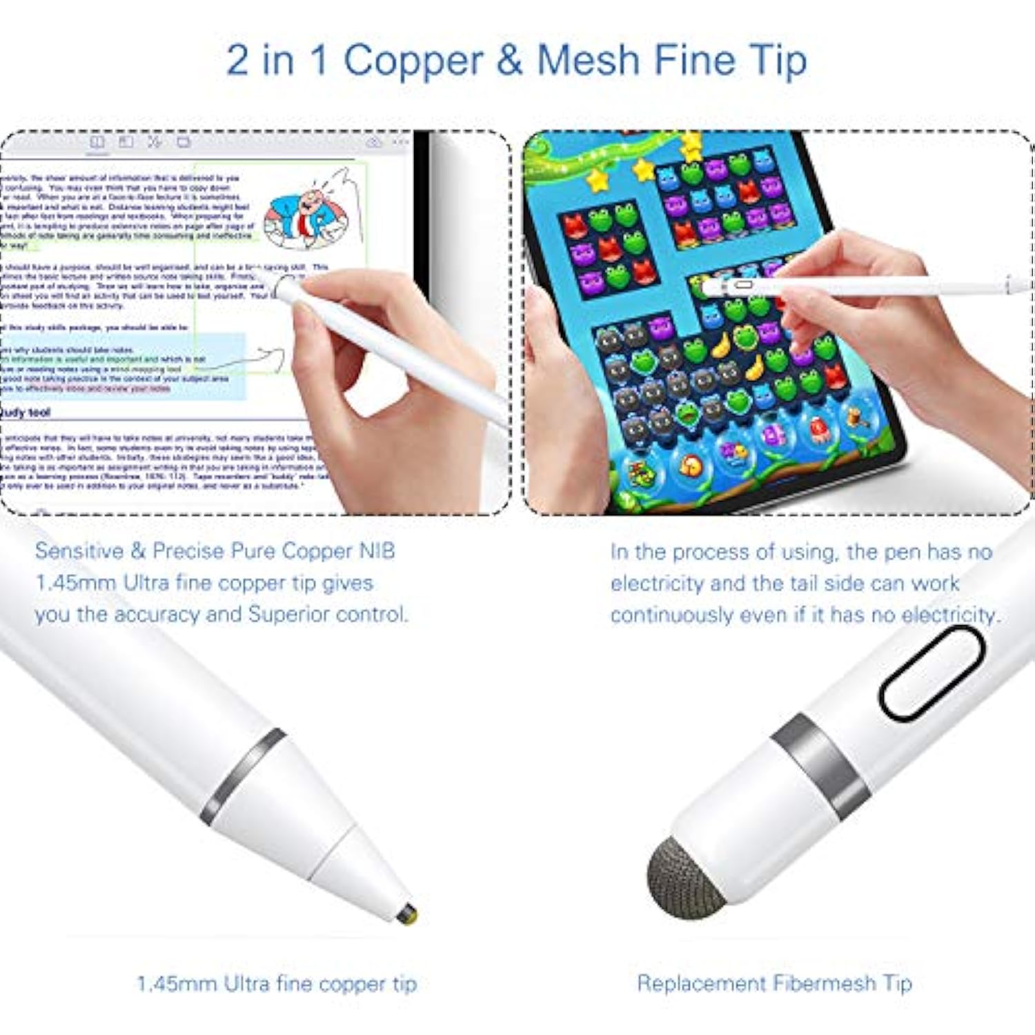 Active Stylus Pen Compatible For Ios&Android Touch Screens, Pencil With Dual Touch Function,Rechargeable Stylus For Ipad/Ipad Pro/Air/Mini/Iphone/Cellphone/Samsung/Tablet Drawing&Writing