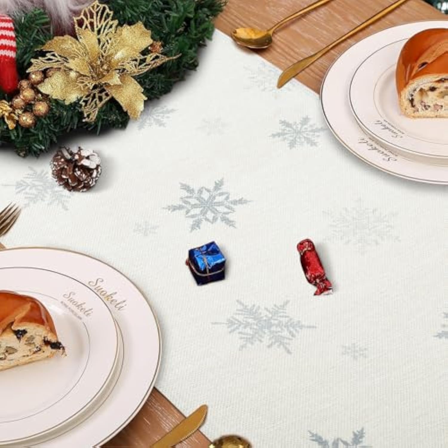 Winter Snowy Forest Table Runner 13X90 Inch Merry Christmas Pine Trees Snowflakes Xmas Winter Holiday Kitchen Dining Table Decoration For Home Party Decor