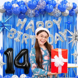 14Th Birthday Party Decorations For Boys, Navy Blue Silver Black Happy 14 Birthday Decorations Set With Backdrop Banner 14 Number Balloons For Him 14 Years Old.