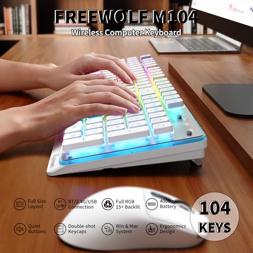 M104 Rgb Wireless Keyboard, Low-Profile Silent Membrane Keys, 2.4G Bluetooth Usb Wired, Spill-Resistant, Rechargeable Full-Size 104-Key Keyboard For Pc Mac, White