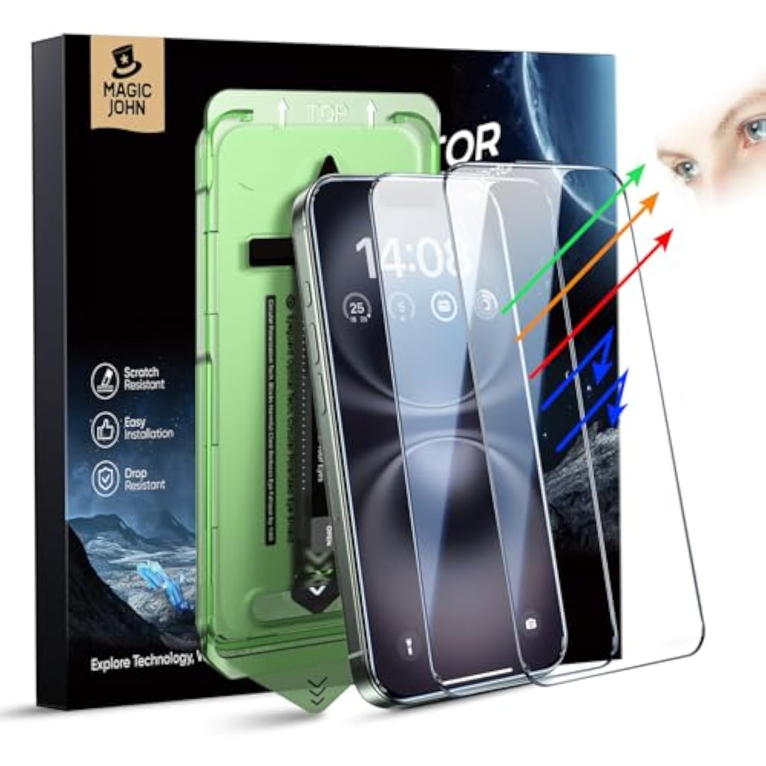 2Pack For Iphone 15Plus/16Plus (6.7") Eye Protection Screen Protector, Hd Clear, Auto Dust-Elimination, 9H Tempered Glass & Scratch Resistance, Full Edge Coverage