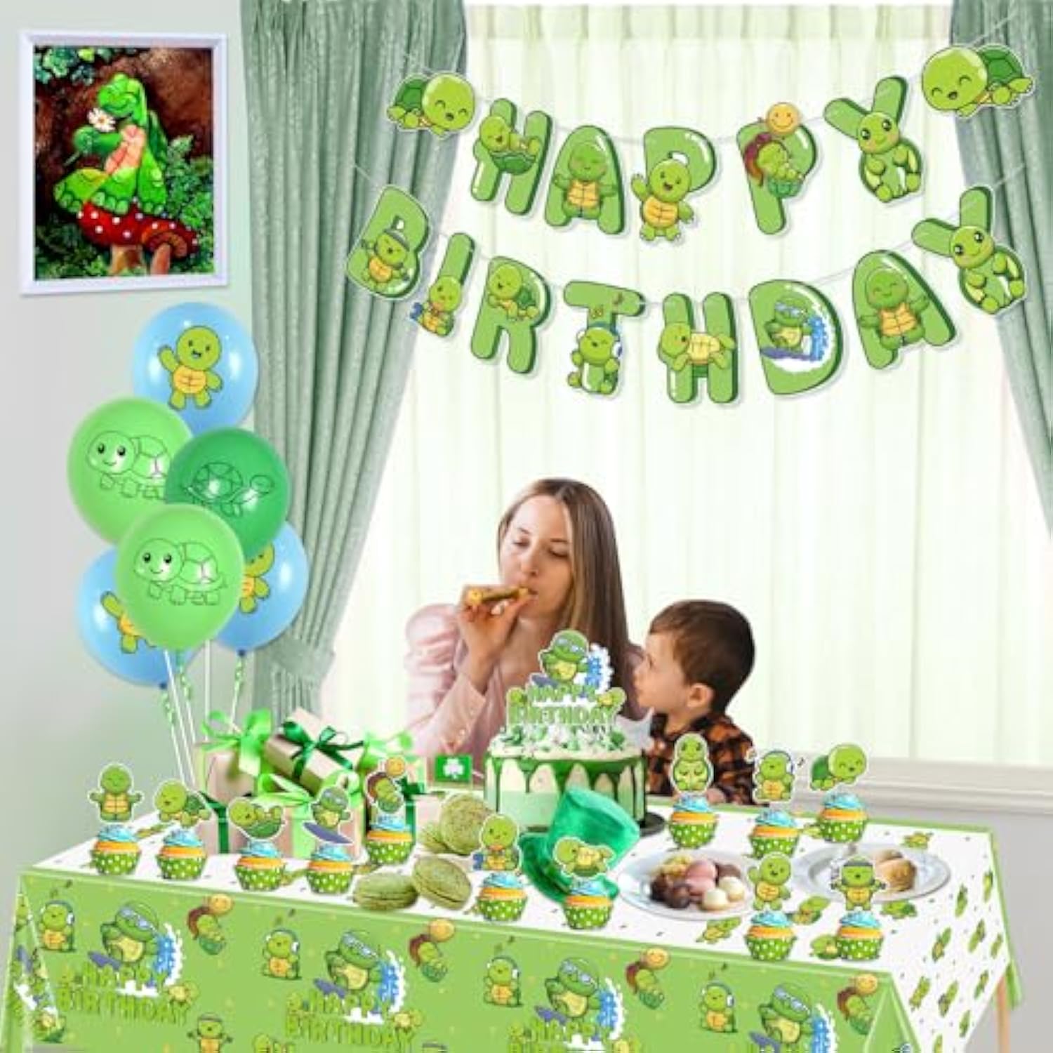Turtle Party Decorations - Including Turtle Balloons, Happy Birthday Banner, Cake Topper, And Green Tablecloth For Under The Sea Party Decorations Turtle Birthday Party Supplies