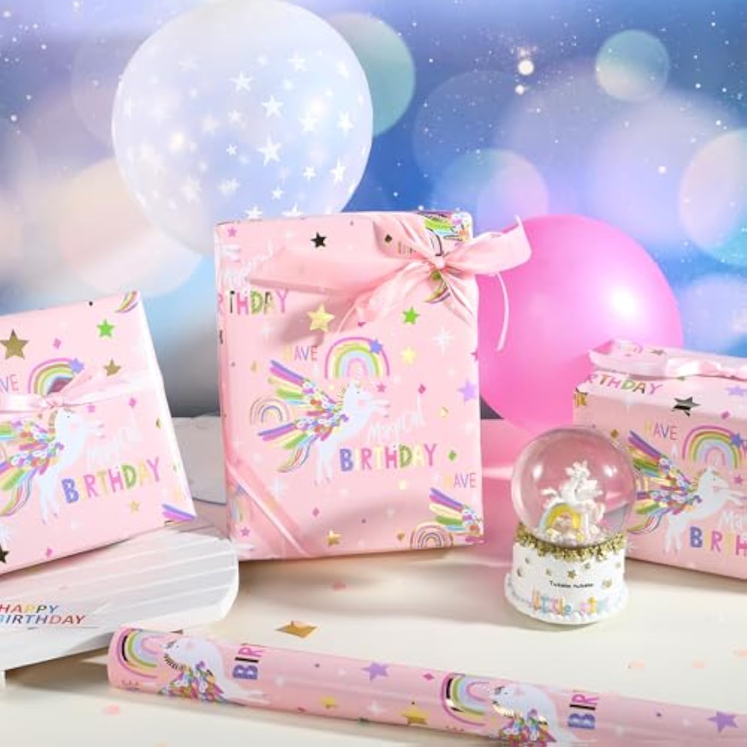 Pink Unicorn Birthday Wrapping Paper Roll For Girls Women, Have A Magical Birthday & Rainbow, Stars, Gold Foil Design For Baby Girl, Baby Shower, Mini Roll, 17 Inches X 16.4 Feet