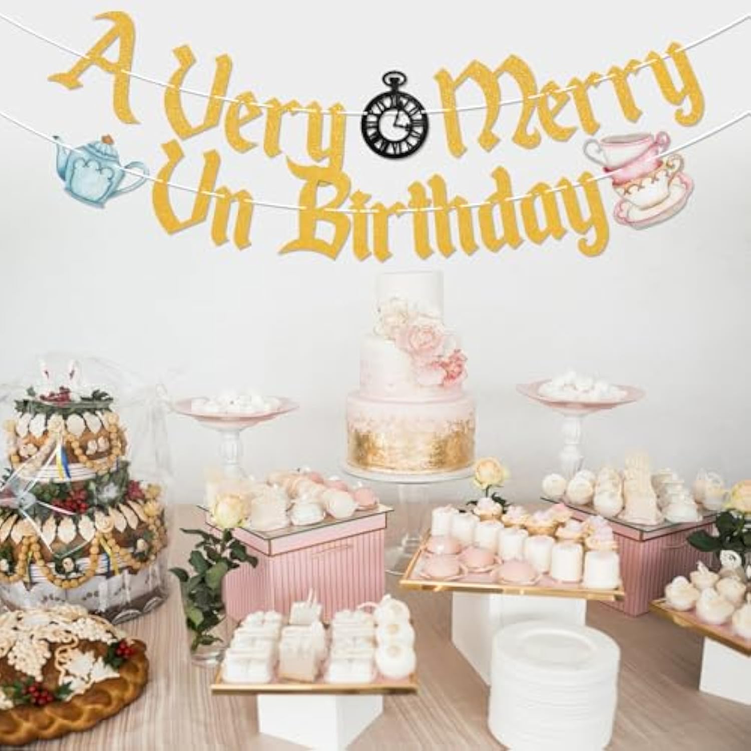 A Very Merry Unbirthday Banner – Gold Glitter Wonderland Party Decor