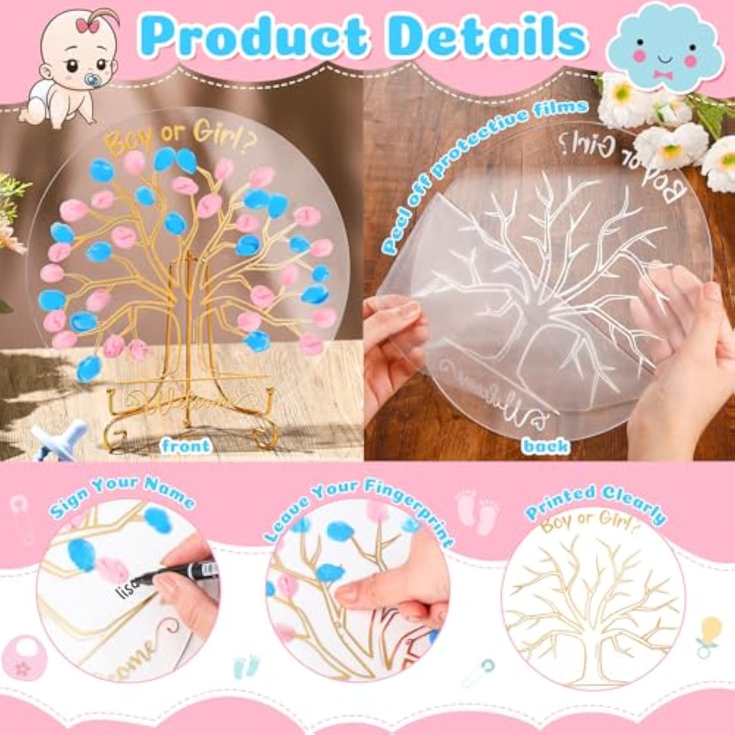Gender Reveal Fingerprint Tree Boy Or Girl Party Ideas Baby Shower Guest Book Party Game Gender Reveal Party Supplies For Baby Shower He Or She Party Keepsake(Classic)