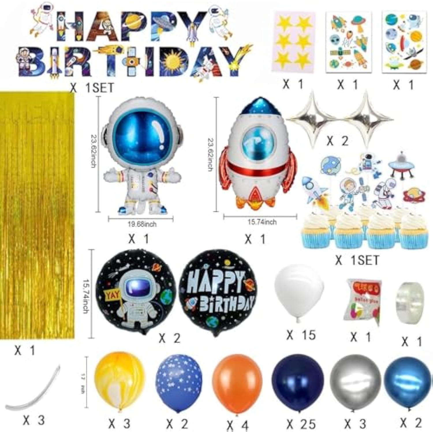 77 Pieces Outer Space Theme Birthday Party Decorations - Happy Birthday Banner, Balloons, Tattoo Stickers, Cake Toppers For Astronaut Party Supplies