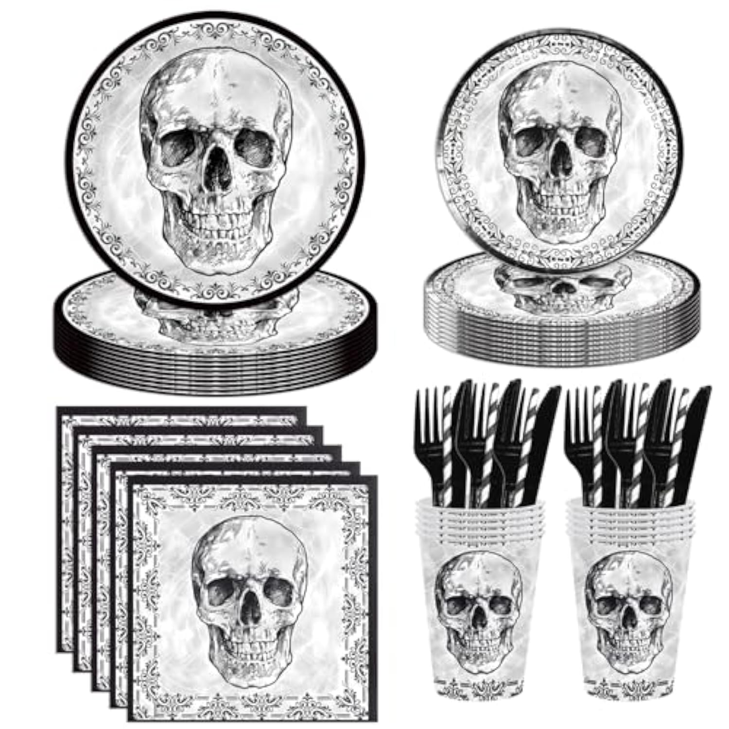 140Pcs Halloween Black Skull Birthday Party Decorations For 20 Guests - Disposable Tableware Skull Party Supplies Plates And Napkins Forks Cups Straws Baby Shower Halloween Birthday Decorations
