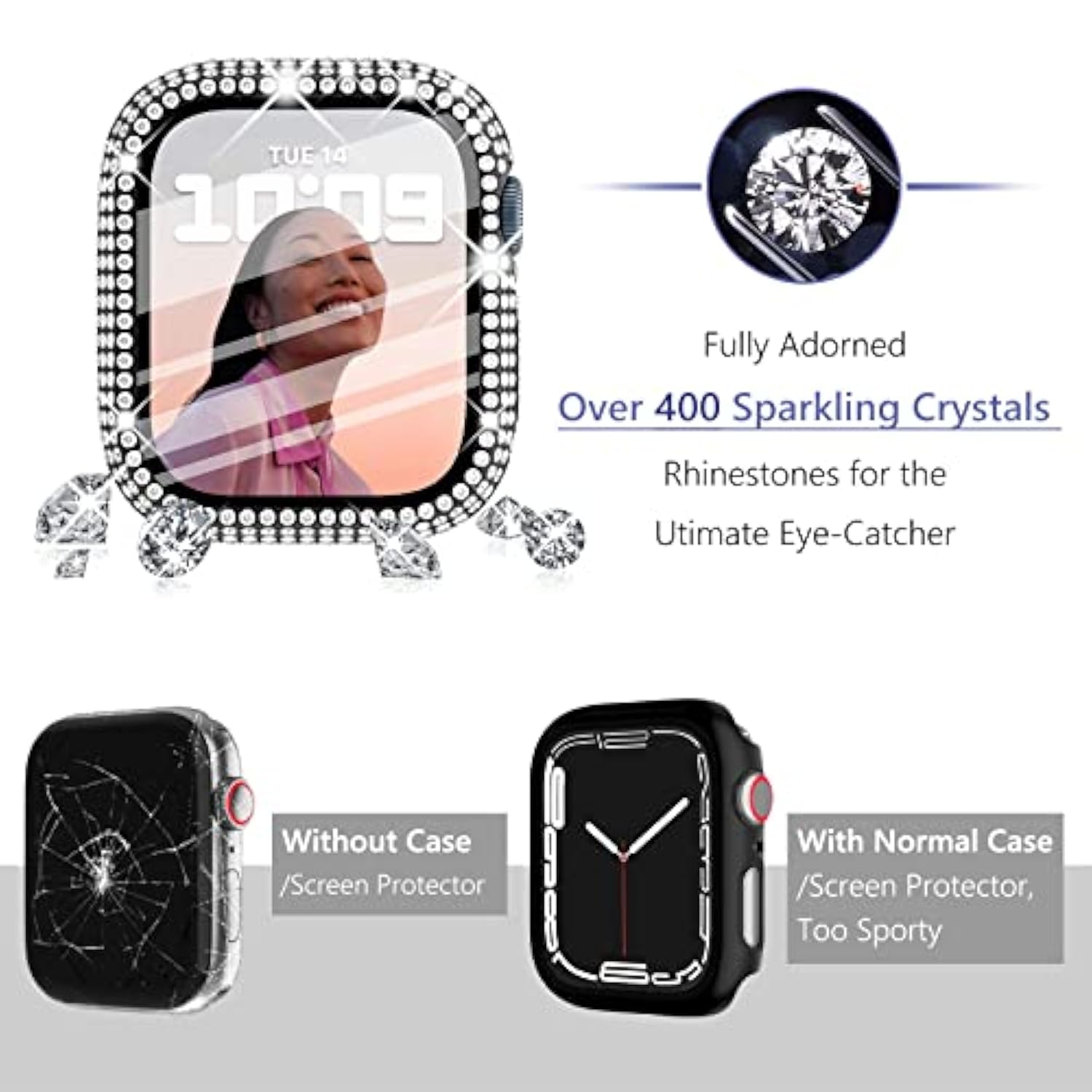 6 Pack For Apple Watch Case 41Mm Series 9 8 7 With Screen Protector, Over 400 Bling Crystal Diamond Apple Watch Face Cover Bumper With Tempered Glass Screen Protector For Women Iwatch 9 8 41 Mm