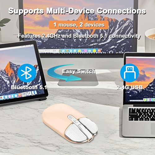 Wireless Mouse Bluetooth Cute Ultra Slim Silent Computer Mice With Usb Receiver Dual-Mode 2.4G & Bluetooth Rechargeable Portable Usb Cordless Mouse For Laptop Pc Tablet Kids Adults Gift, Milk Tea