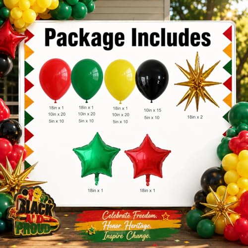 Juneteenth Balloon Garland Arch Kit, 126 Pcs Red Yellow Green Black Balloons for Juneteenth Day Decorations, African American Independence Freedom Day Party Supplies