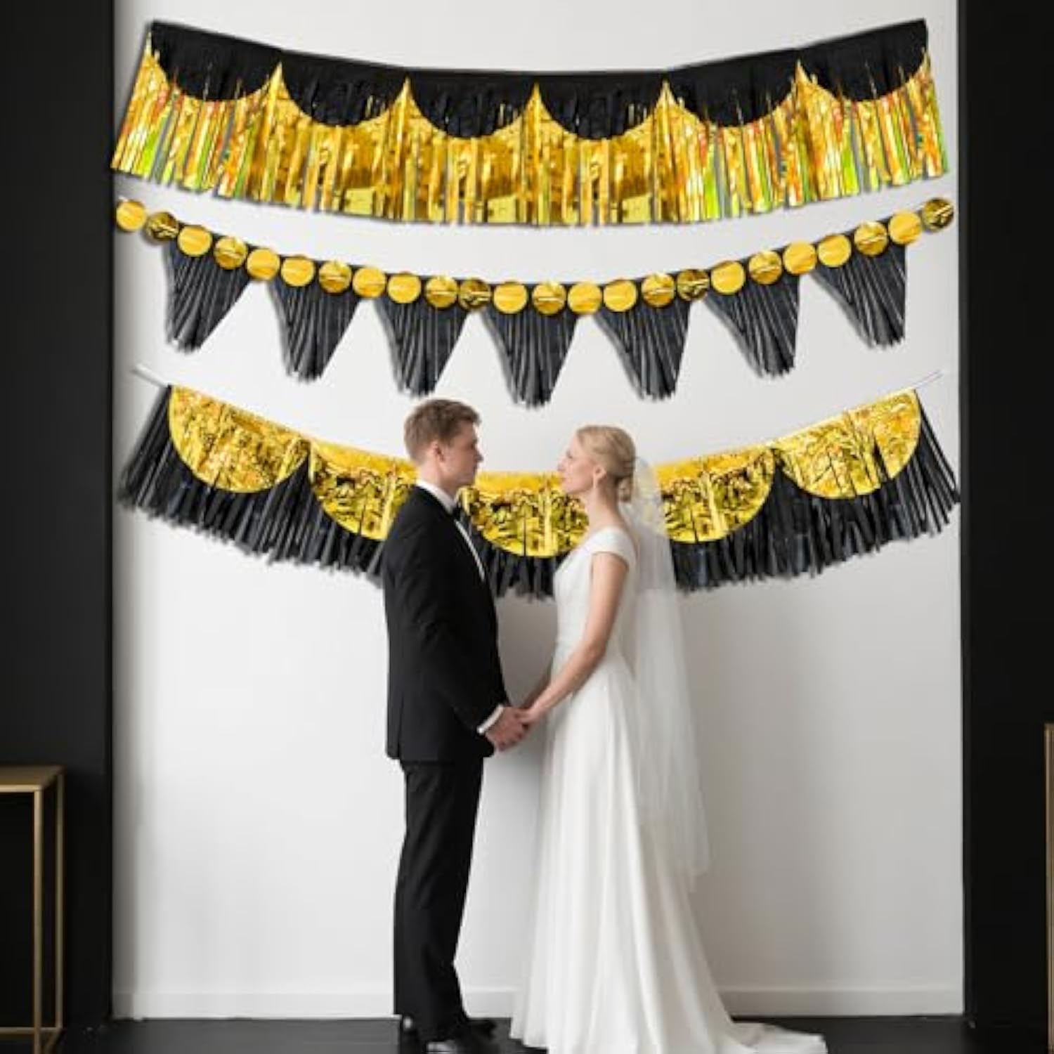 Black Gold Party Decorations 6pcs 6ft Metallic Fringe Tassel Banner Set