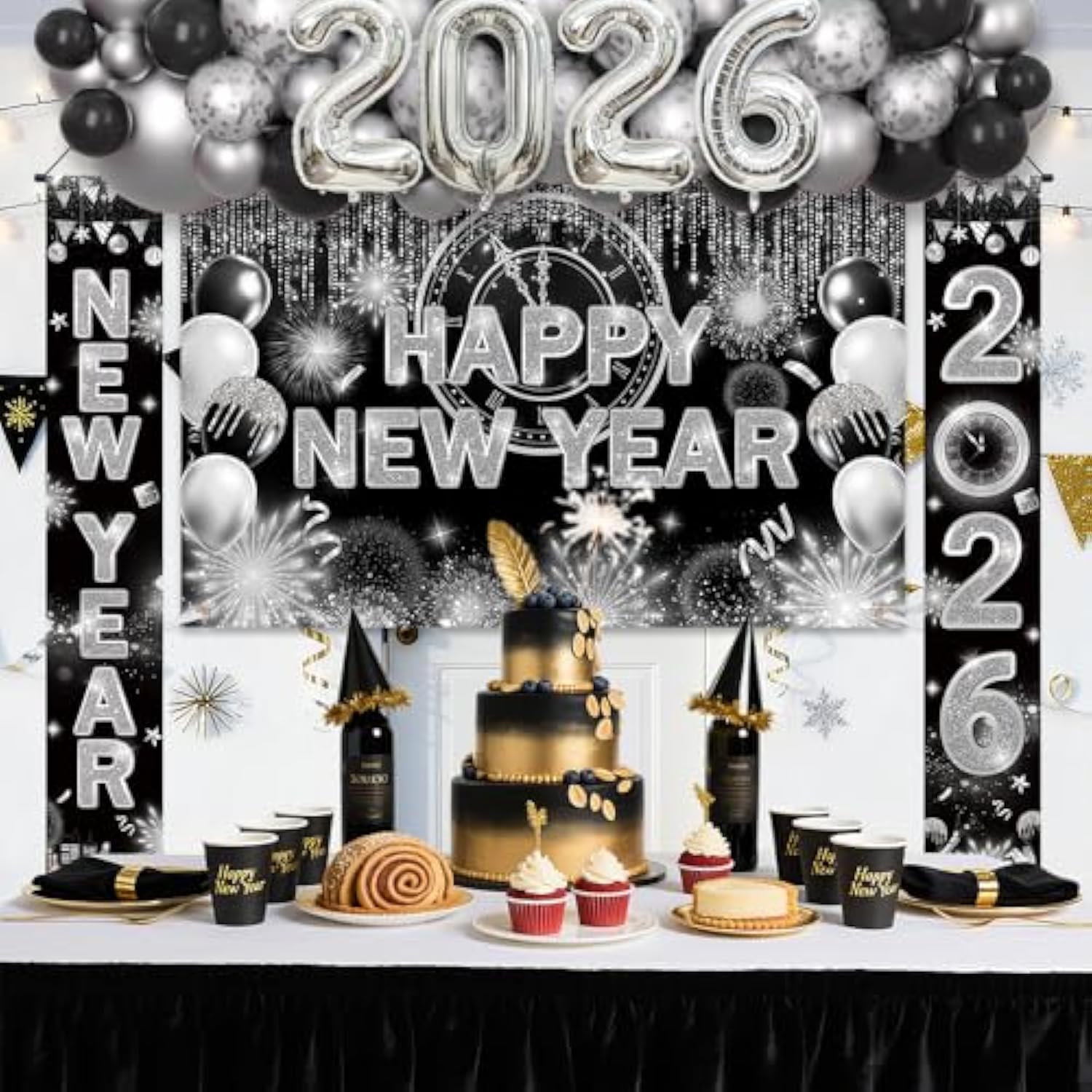 75pcs Black Silver New Year 2026 Decorations Banner Balloon Arch Kit