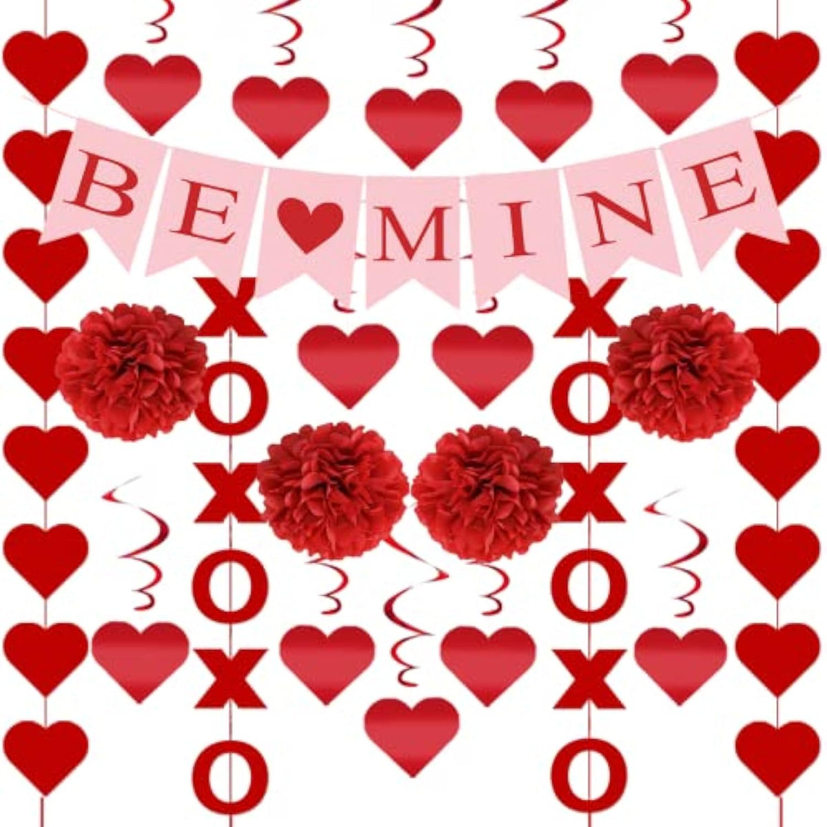 21Pcs Valentines Day Decorations Valentines Day Decor Pre-Assembled Hanging Heart Swirls Be Mine Love Heart Xo Garlands Banner For Home Classroom Office Wedding Party