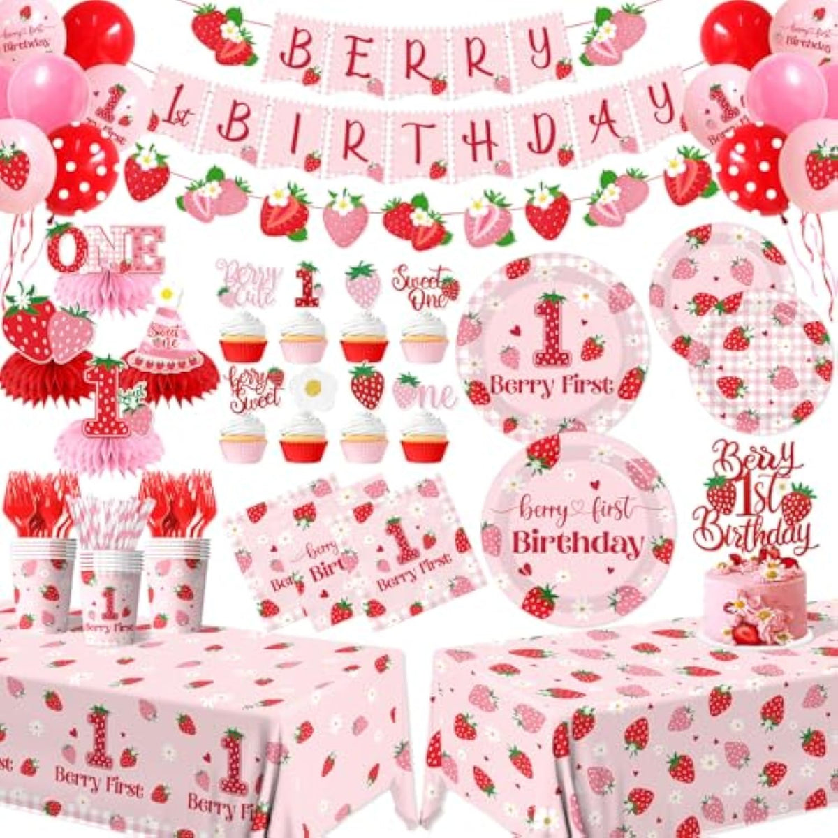 Berry First Birthday Tableware,Strawberry 1St Birthday Party Decorations For Girls,Strawberry Sweet One Themed Plates And Napkins Disposable Tablecloth,Cups,Balloon,Forks,Cupcake Topper,Serve 24