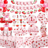Berry First Birthday Tableware,Strawberry 1St Birthday Party Decorations For Girls,Strawberry Sweet One Themed Plates And Napkins Disposable Tablecloth,Cups,Balloon,Forks,Cupcake Topper,Serve 24