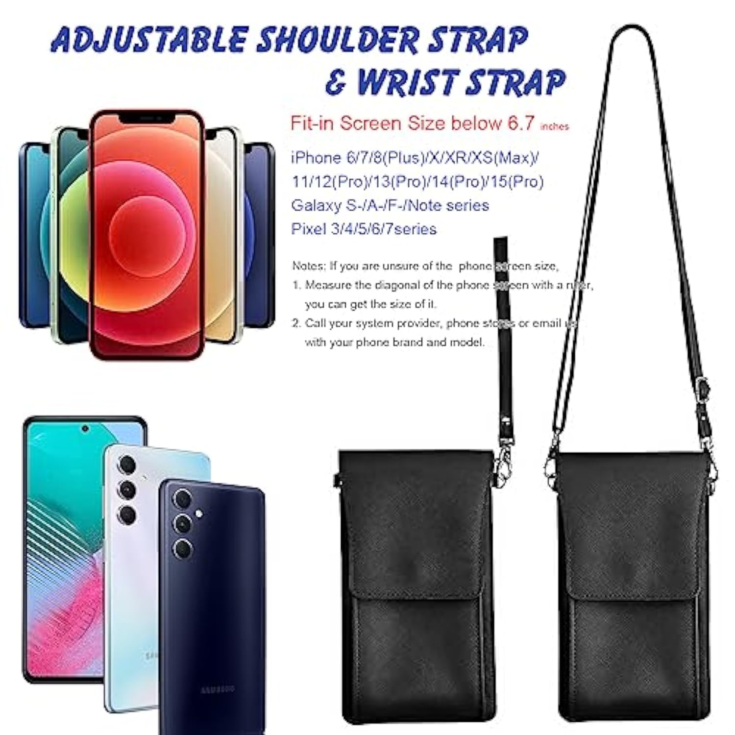 Black Leather Phone Purse 6.7in Touchscreen Crossbody Wallet Case