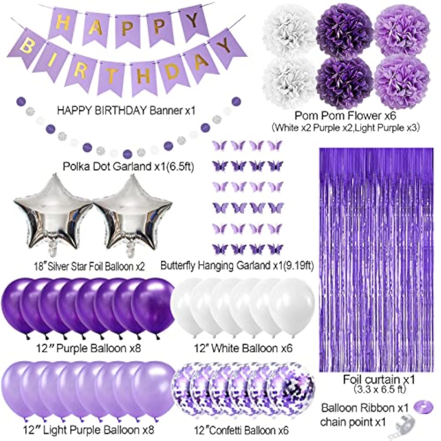 Purple Birthday Decorations For Women Girls Butterfly Hanging Garland Purple And White Silver Lavender Party Decorations Set With Happy Birthday Banner Foil Background Pompom Flower