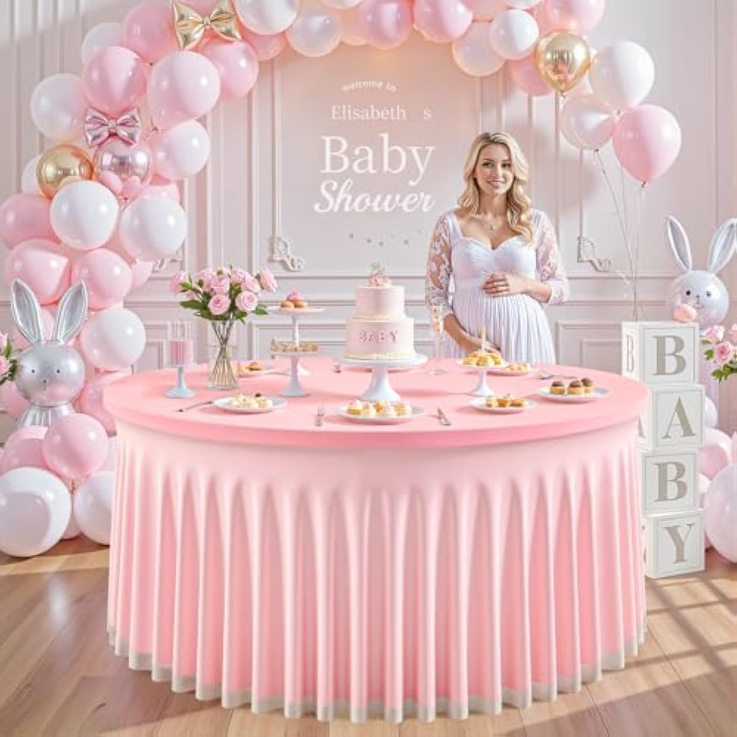 Pink Tulle Tablecloth 48 Inch Spandex Elastic Round Table Cloths Ruffle Tutu Skirt 4Ft Wrinkle Free Stretch Fitted Round Table Cover For Baby Shower Wedding Girls Birthday Party Banquet Cake
