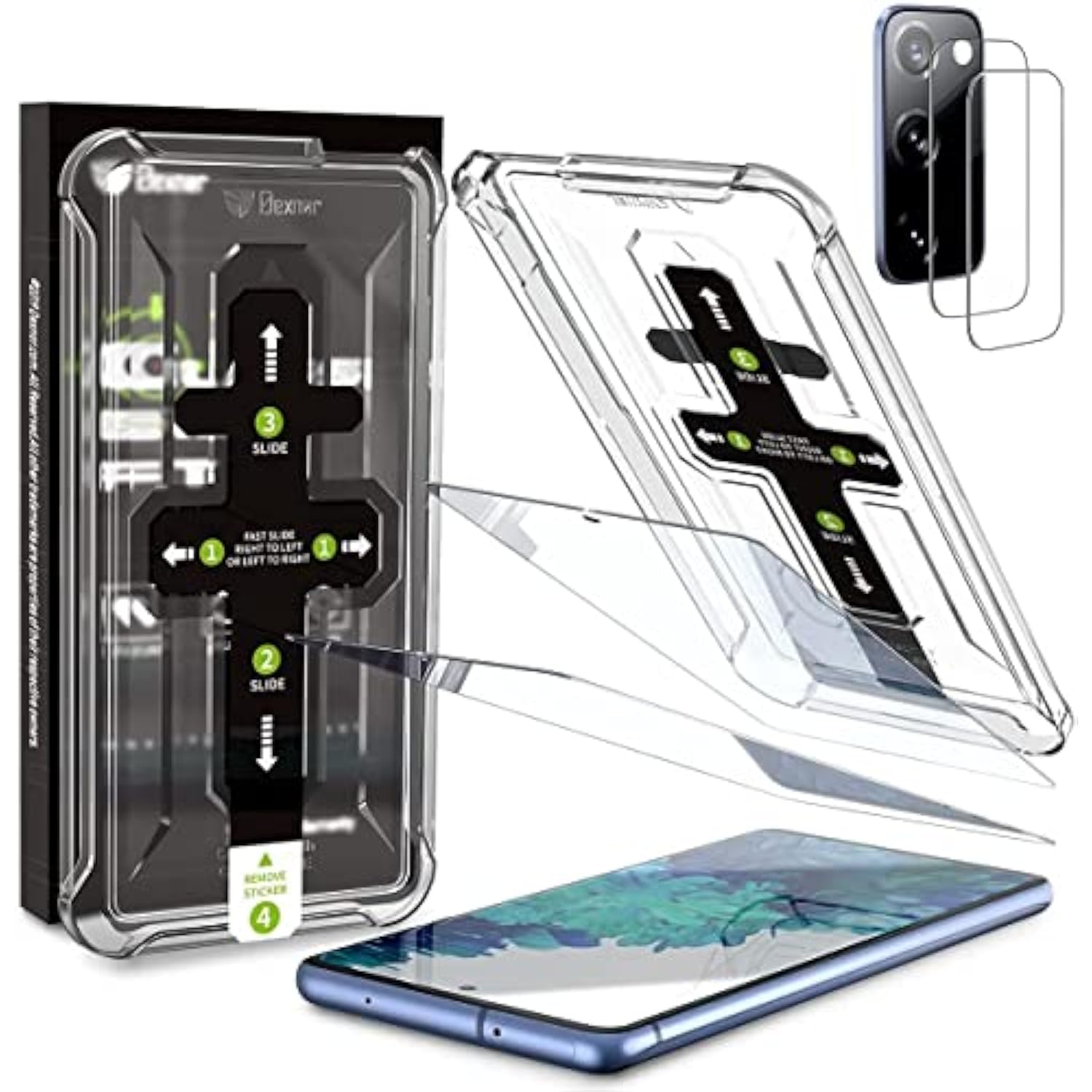 [2+2 Pack] Samsung Galaxy S20Fe Screen Protector, 9H Tempered Glass + 2 Pack Camera Lens Protector,Auto-Alignment Frame Easy Installation Bubble Free