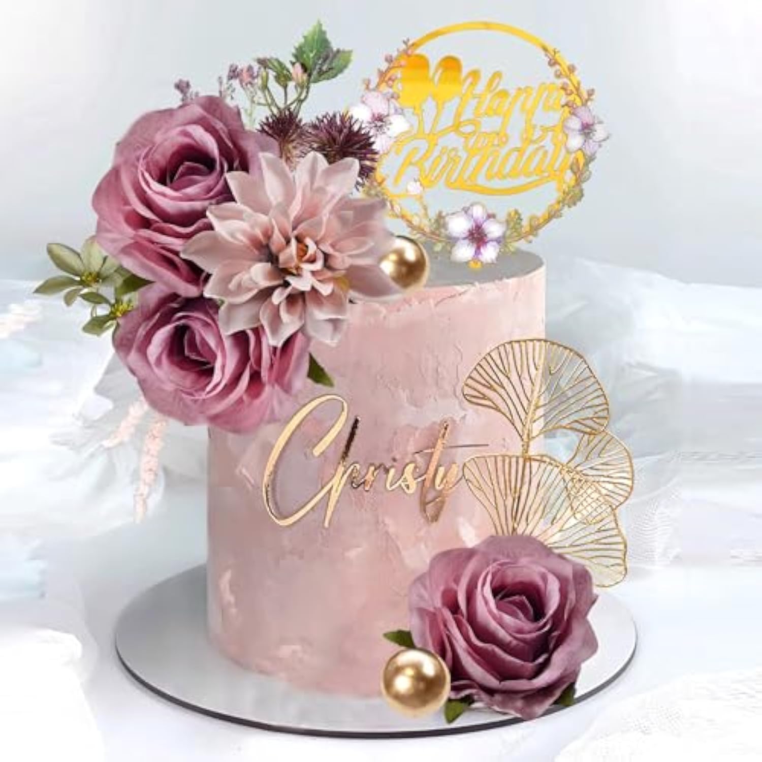 Purple Flower Cake Topper – Happy Birthday Roses & Eucalyptus Décor