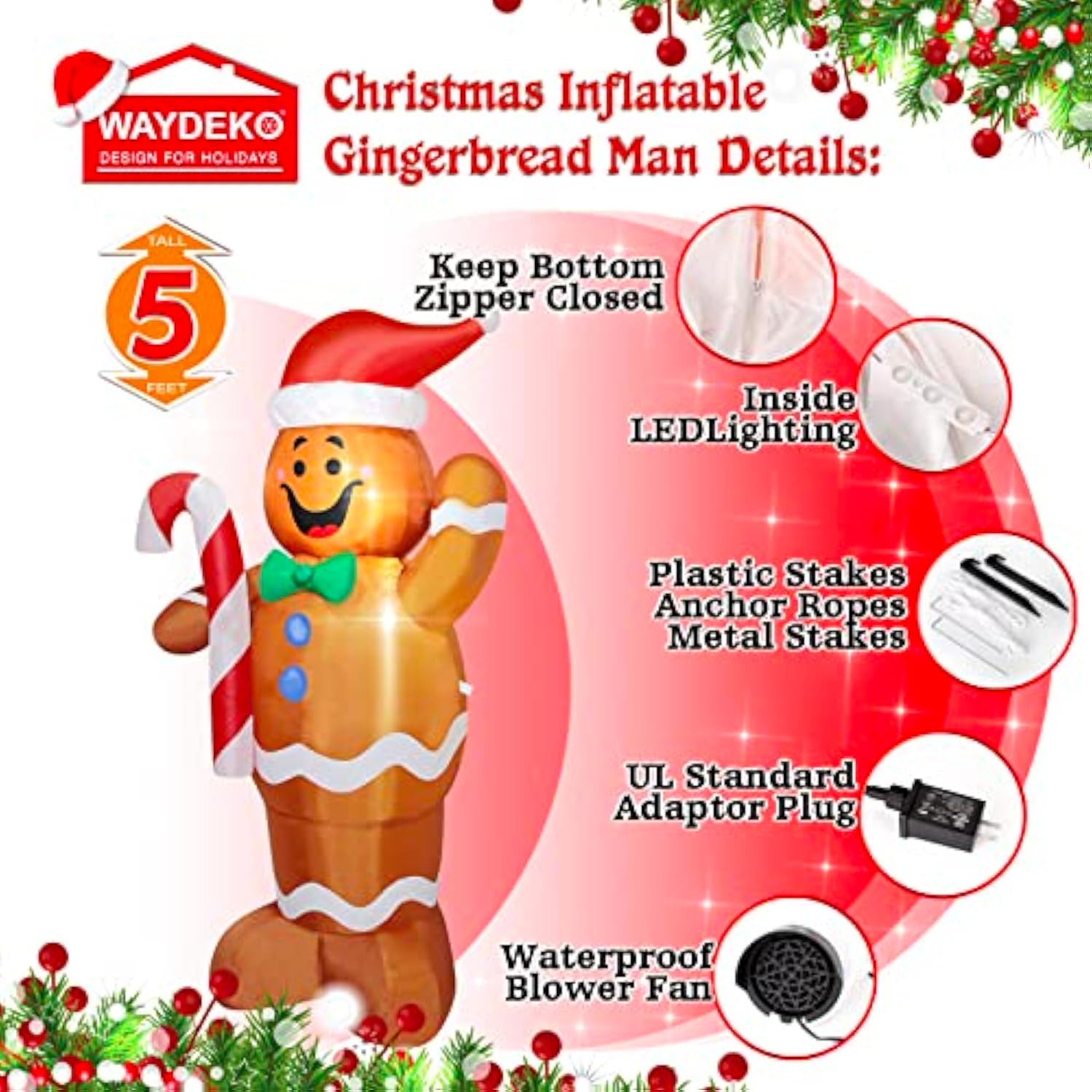 Christmas Inflatable Gingerbread Man Yard Decoration Lighted Blow Up Christmas Garden Lawn Decor 5 Feet (01- Gingerbread