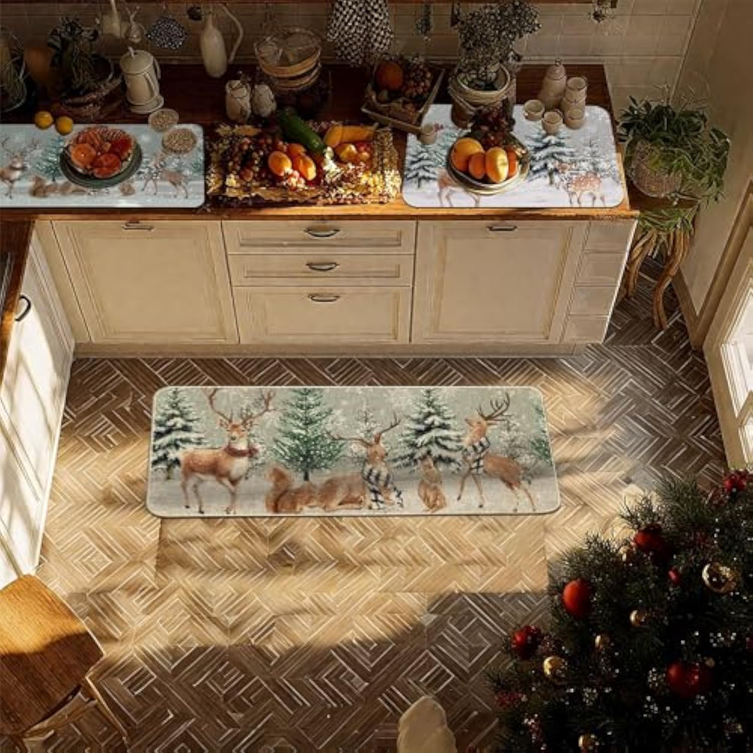 Christmas Winter Dish Drying Mat With 4Pcs Coasters,2Pcs Kitchen Bar Mat Coffee Mat Accessories Fits Under Coffee Maker And Pot,Snowy Pine Tree Deer Cardinal Snowflake Detachable