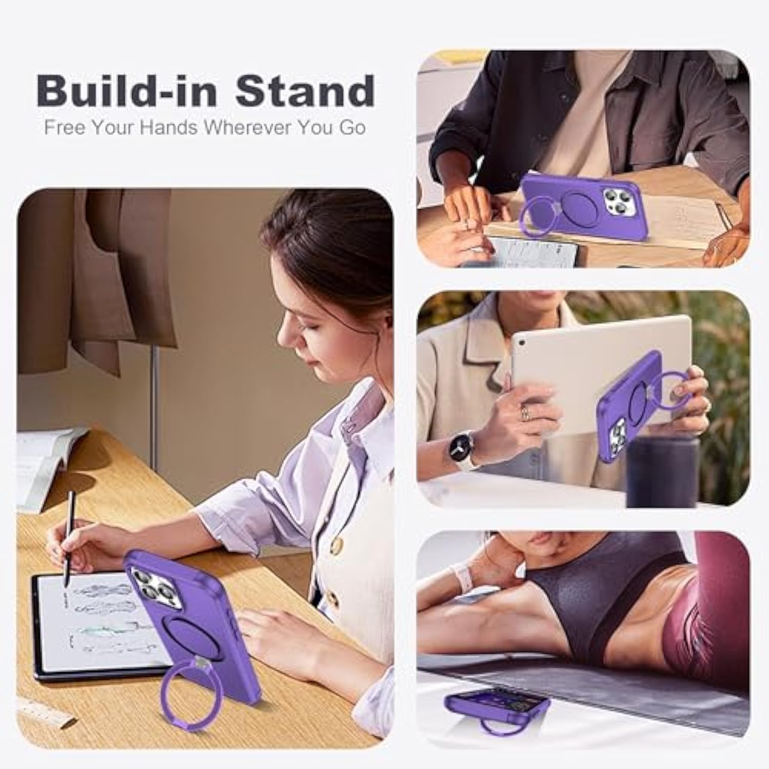 Designed For Iphone 15 Pro Max Case With Magnetic Invisible Ring Stand [Compatible With Mag-Safe] [Military Drop Protection] Shockproof Anti-Slip Cover For Women,Purple