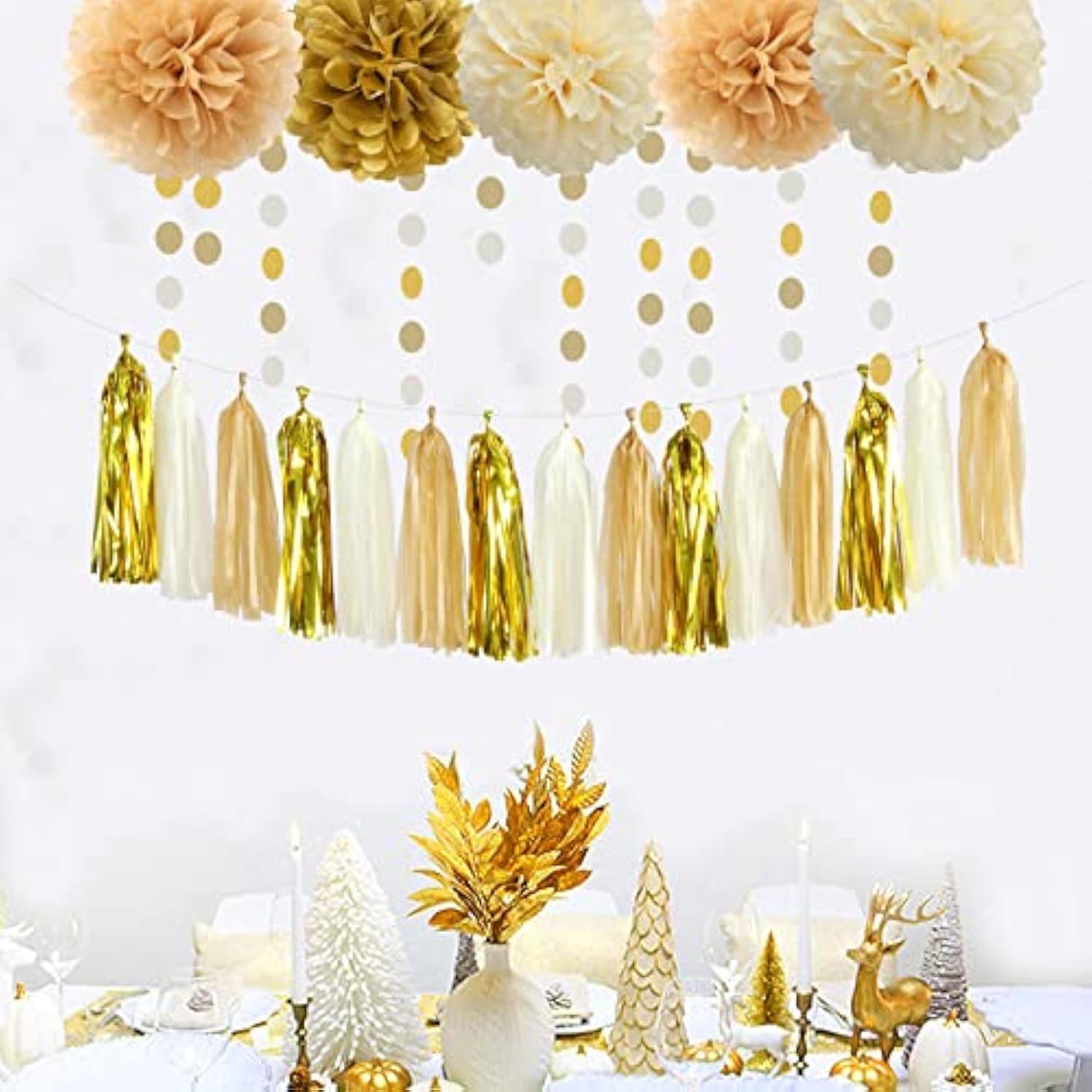 White Gold Champagne Party Decorations - 23Pcs Tissue Pom Poms Streamers,Christmas Wedding Engagement Tassel Garland Banner,Bachelorette Neutral Birthday Baby Bridal Shower Decor