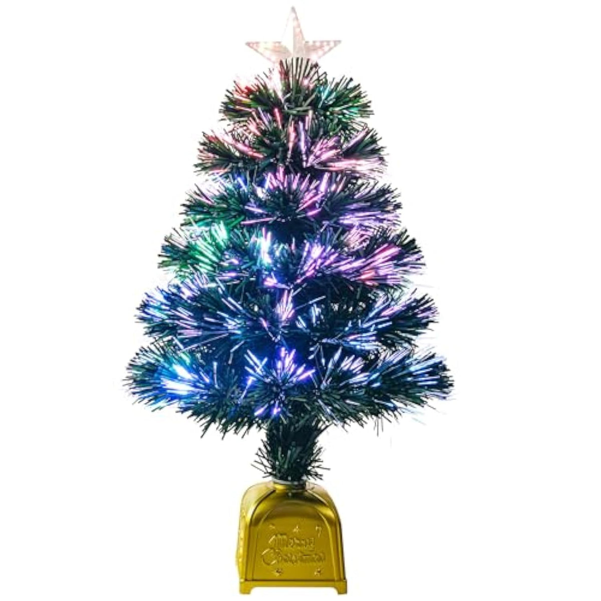 24Inch Green Pre-Lit Fiber Optic Christmas Tree,Tabletop Artificial Mini Xmas Tree With Gold Base Pot, Stars For Holiday Home Decorations