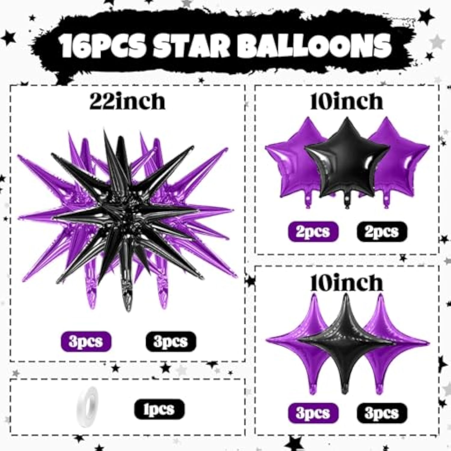 16-Pack Purple and Black Star Foil Balloons 10-22 Inch for Party Decor