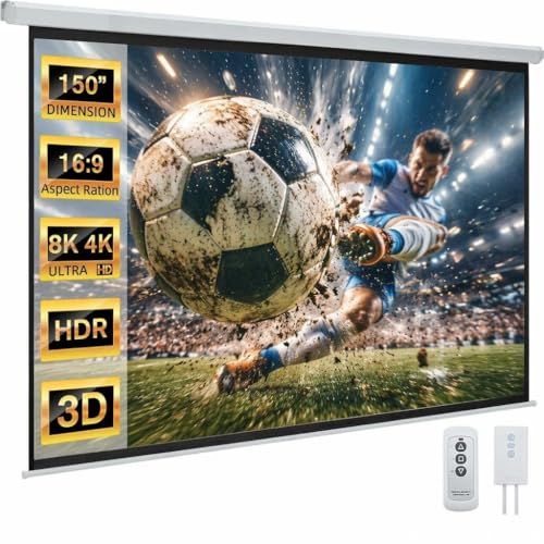 150" Projector Screen Motorized 16:9, 4K HD Pull Down Retractable Projection Screens Electric Automatic Wall Ceiling Movie Screen for Office