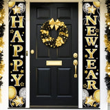 Happy New Year 2026 Porch Banner Black Gold Balloon Stars Front Door Decor