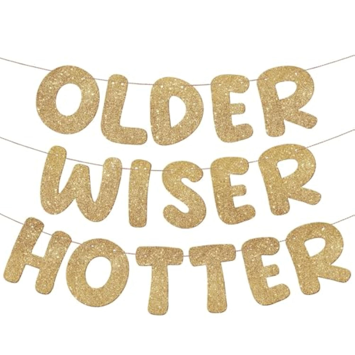 Older Wiser Hotter Glitter Banner Set: Champagne Gold Birthday Party Decor