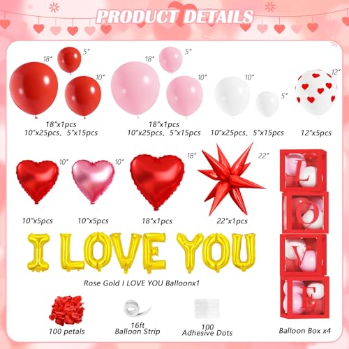 Valentines Day Balloon Arch Kit, Valentines Day Party Decorations with Pink White Red Heart I LOVE YOU Balloons XOXO LOVE Boxes for Bachelorette Engagement Birthday Girls Galentines