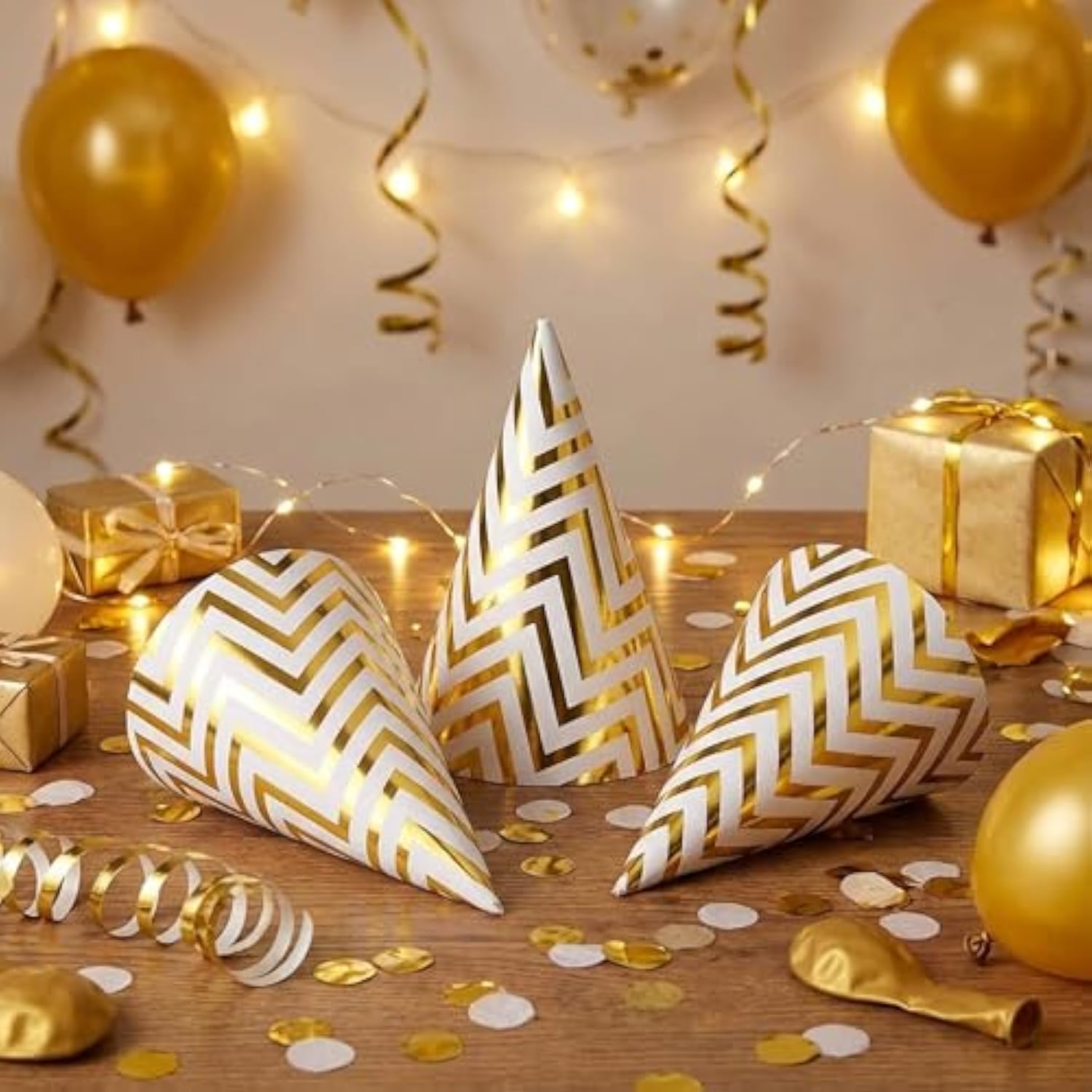10 Pack Gold Party Hats For Adults And Kids, Birthday Party Hats Bulk With Adjustable Elastic String, Diy Paper Cones 7.9 Inch, Metallic Foil Wave Pattern For Men Women Pets New Years Eve Props