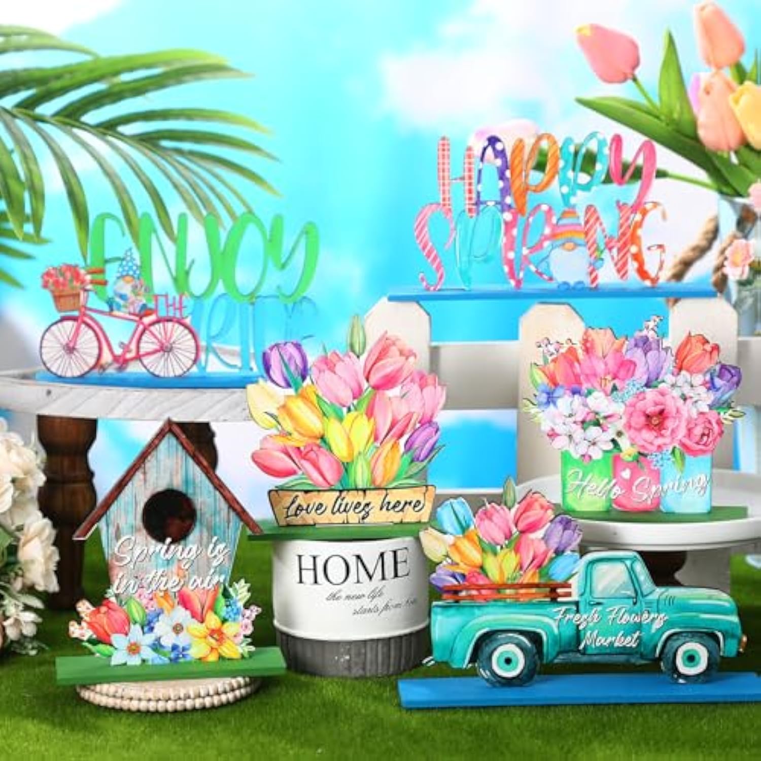6 Pcs Hello Spring Table Decorations Wooden Tulip Tiered Tray Decor Pastel Flower Truck Block Sign Table Centerpieces Farmhouse Freestanding Tabletop For Easter Home Restaurant Office Party