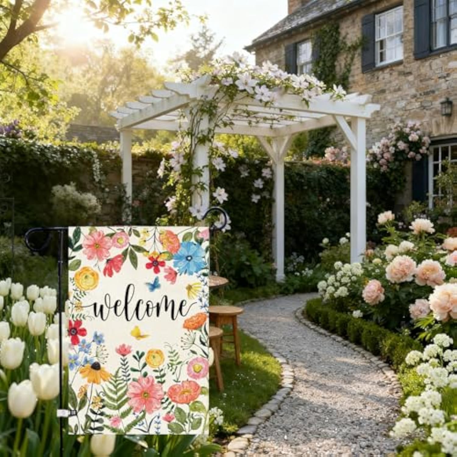 Spring Summer Welcome Wildflower Garden Flag 12.5 X 18 Inch Double Sided Burlap Pink Flower Green Leaf Farmhouse Small Yard Flag Summer Holiday Seasonal Outdoor Outside Decoration