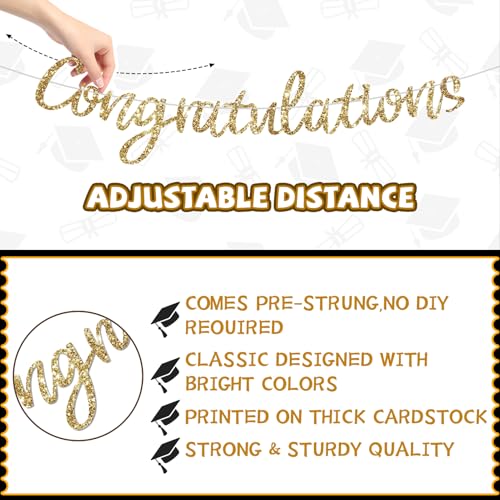 Pre-Strung Congratulations Banner, 2026 Graduation Banners, Class of 2026 Black Gold Glitter Congrats Grad Party Decor College High School Graduation Party (NO-DIY)
