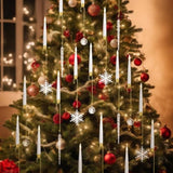 12 Pcs Christmas Tree Candles Flameless Led Taper Candles Battery Operated Lights With Ball Icicles Snowflake Hooks & Remote Xmas Tree Hanging Ornaments For Winter New Year Party Supplies