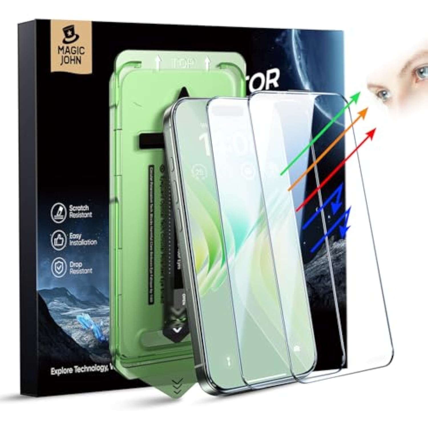 2 Pack For Iphone 16 Pro Max (6.9") Eye Protection Screen Protector, Hd Clear, Auto Dust-Elimination, 9H Tempered Glass & Scratch Resistance, Full Edge Coverage