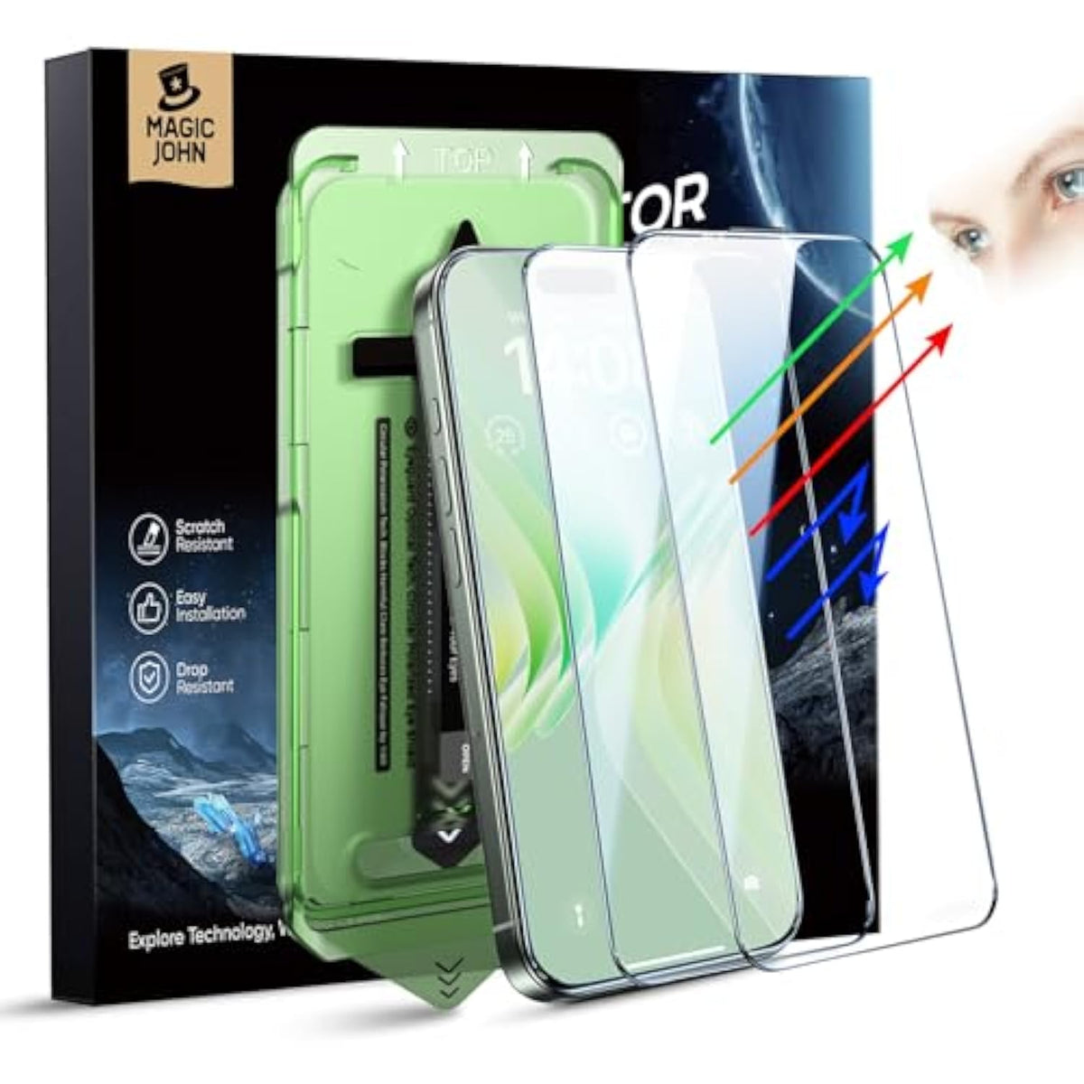 2 Pack For Iphone 16 Pro Max (6.9") Eye Protection Screen Protector, Hd Clear, Auto Dust-Elimination, 9H Tempered Glass & Scratch Resistance, Full Edge Coverage