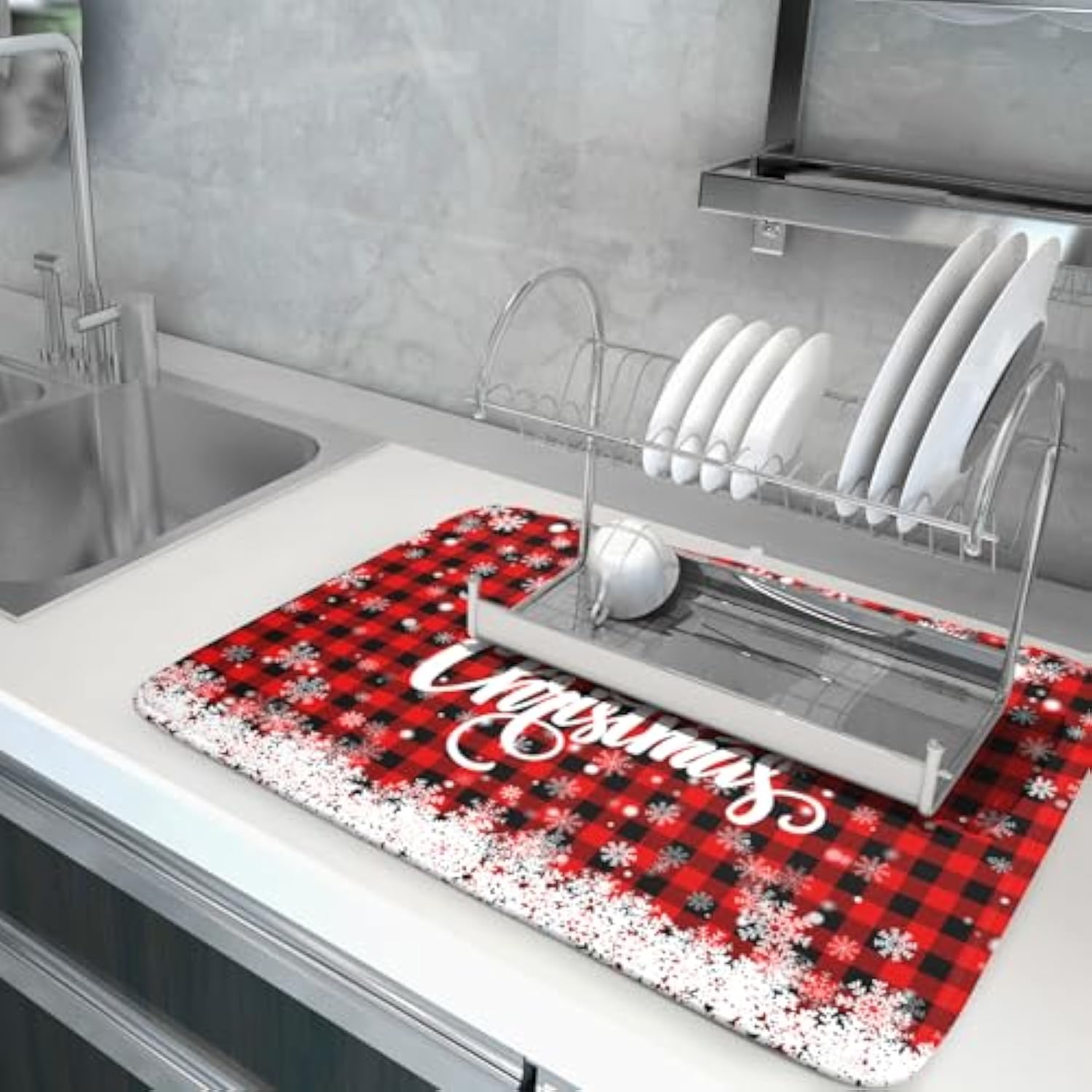 Christmas Dish Drying Mats For Kitchen Counter 18"X24" Merry Christmas Snowflake Microfiber Reversible Drying Mat Kitchen Accessories Christmas Dish Drainer Pad For Coffee Bar Tableware Protector