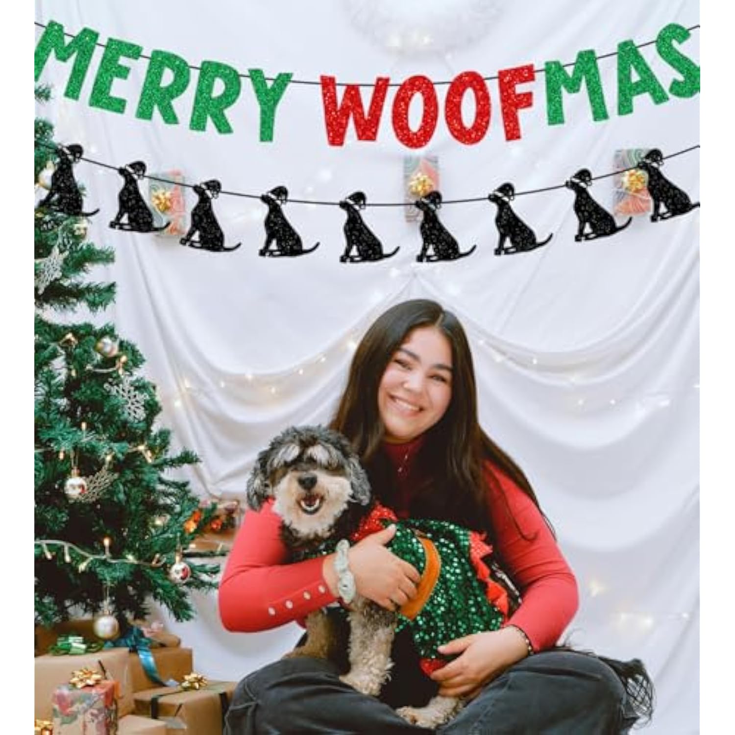 Glittery Merry Woofmas Banner With Dog Wear Santa Hat Signs Green Red Merry Christmas Fireplace Wall Garland Xmas Holiday Party Decorations