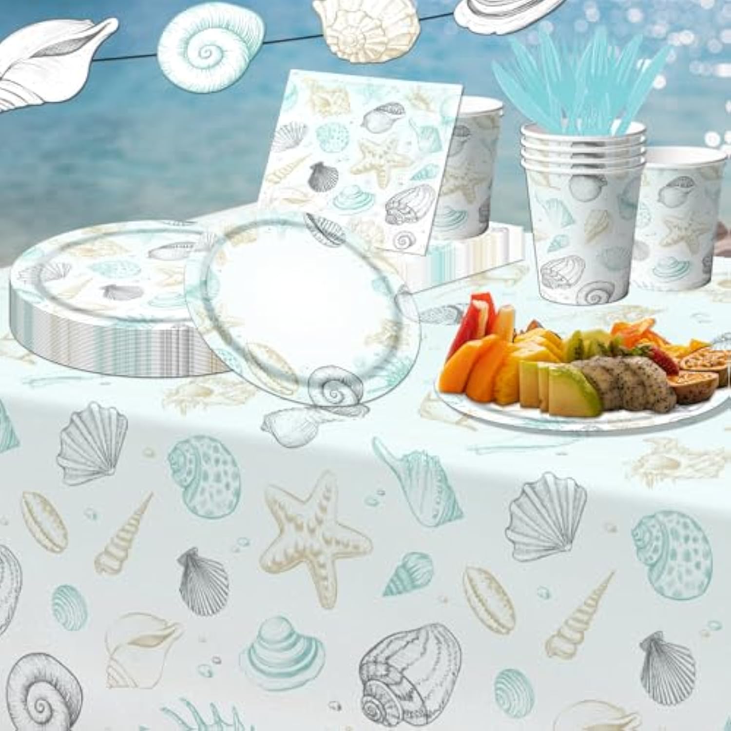Seashell Beach Theme Party Decorations-142Pcs Beach Seashell Plates And Napkins Ocean Nautical Theme Plates Tableware Seashell Tablecloth For Summer Bash Beach Wedding Birthday Party Supplies