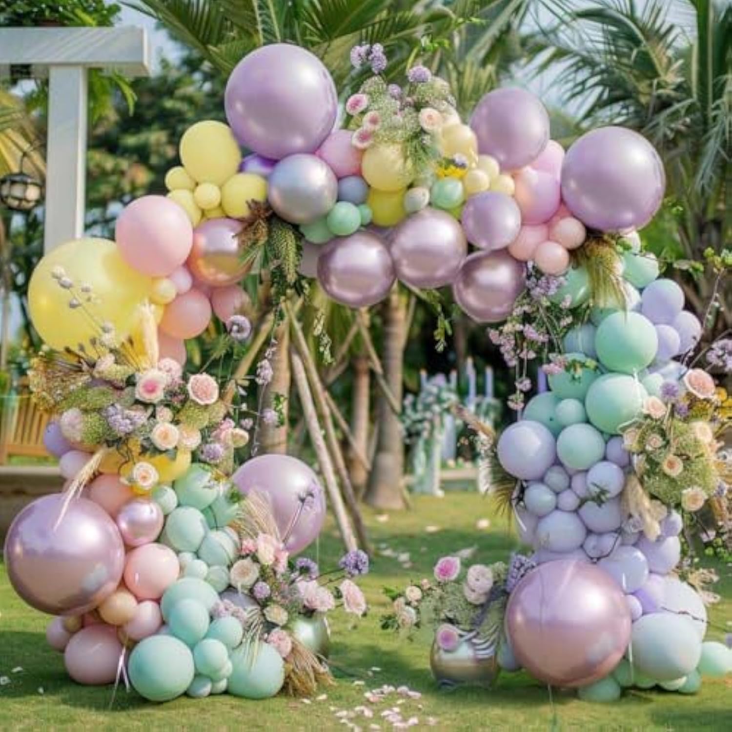 Pastel Balloon Garland Kit - Double Stuffed Pink Purple Yellow Green Metallic Lilac Balloon Arch For Baby Shower Birthday Spring Party Decoration