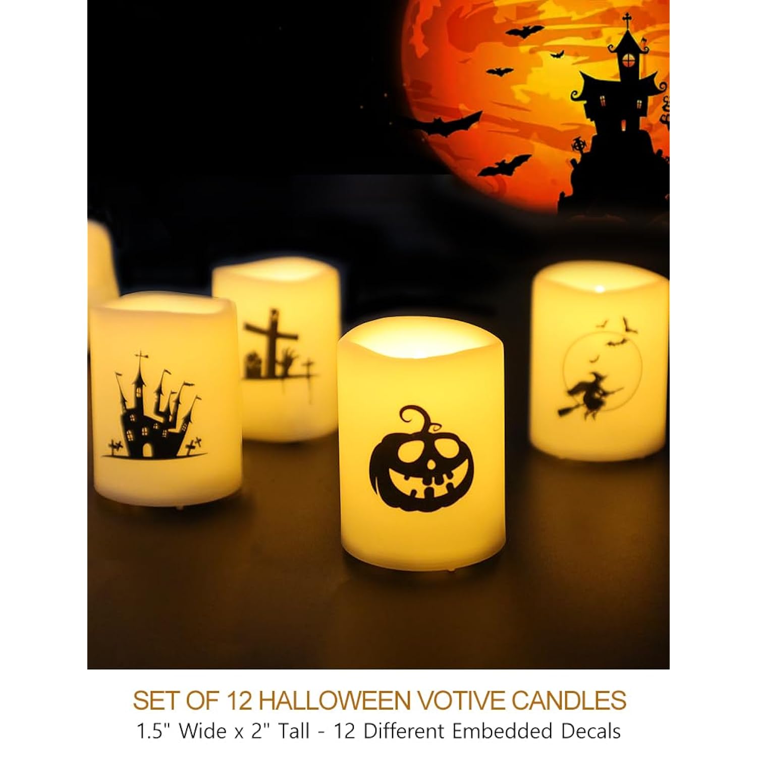 Set Of 12 Halloween Votive Candles Battery Operated (White Body, Warm White Flicker) - Flameless Unscented Candles With Halloween Decals - Led Flickering Flameless Votive Candle