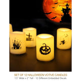 Set Of 12 Halloween Votive Candles Battery Operated (White Body, Warm White Flicker) - Flameless Unscented Candles With Halloween Decals - Led Flickering Flameless Votive Candle