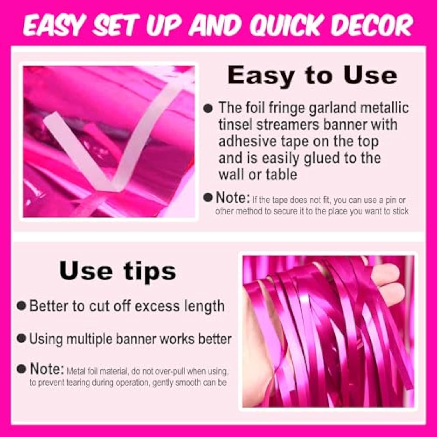 6 Pack 10 Ft Fuchsia Foil Fringe Garland Metallic Streamers Tinsel Banner Wall Hanging Garland Backdrop For Parade Floats, Halloween, Christmas, Thanksgiving, New Year Party Decorations