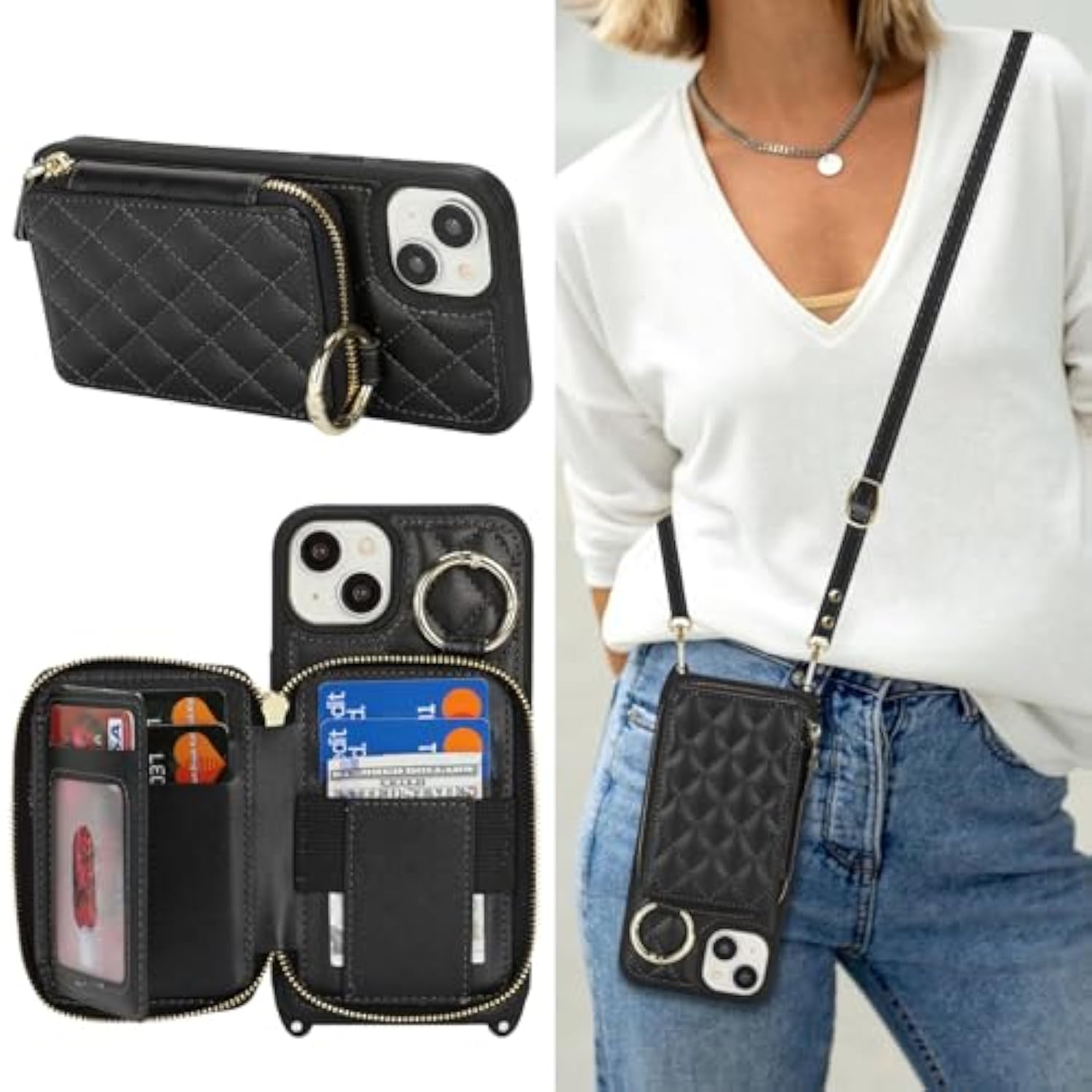 Crossbody Wallet Case For Iphone 14 Plus, Pu Leather Zipper Handbag Purse Flip Cover, Kickstand Folio Case With Card Slots Holder Wrist Strap Lanyard 5G 6.7 Inch-Black